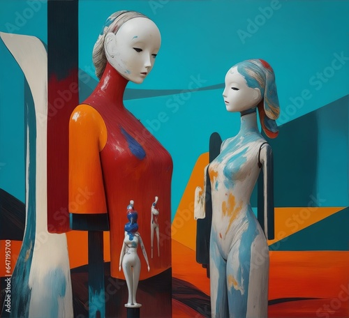 Colored abstract faces, mannequins, people, background, oil painting, surreal art, talking faces . Image created with Generative AI technology.