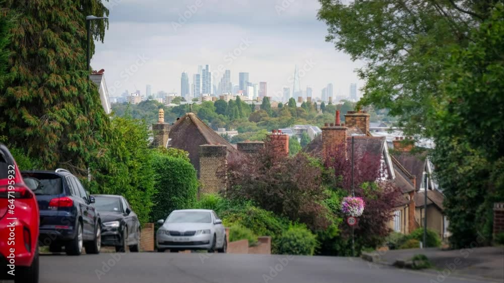 London- Timelapse of large suburban houses and view of the City of London skyline from Wimbledon London- Timelapse of large suburban houses and view of the City of London skyline from Wimbledon