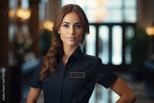 Woman Guard On Defocused Background Hotels . Сoncept The Role Of Women As Security Guards, Defocused Background Photography, Hotels As Places For Security Staff