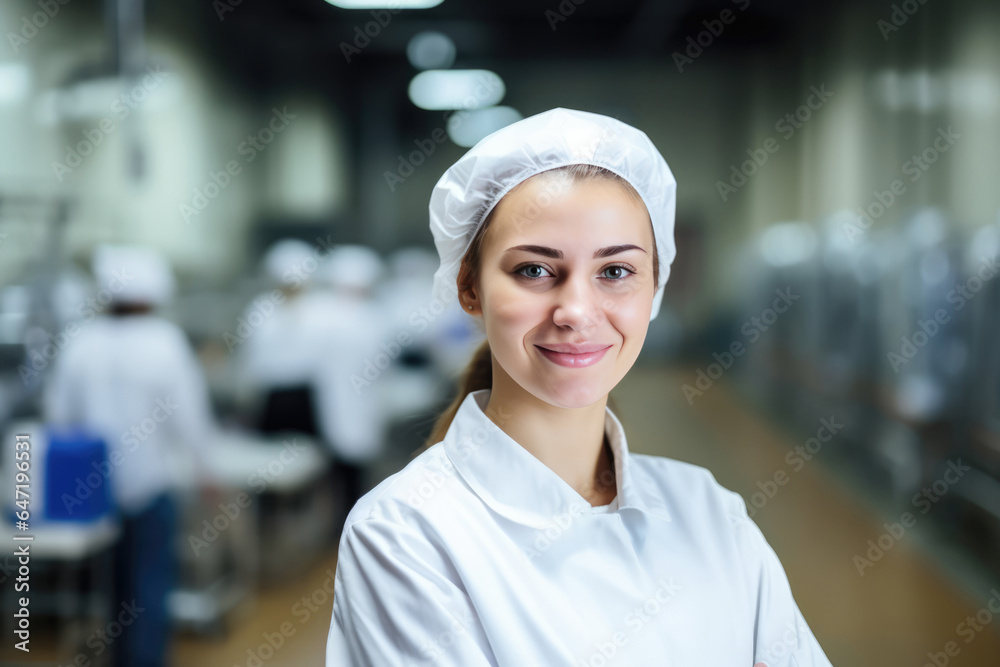 Woman Guard On Defocused Background Food Processing Plants . Сoncept Women In The Workforce, Food Production Safety, Automation In Manufacturing, Plantbased Food Options Woman Guard On Defocused Background Food Processing Plants . Сoncept Women In The Workforce, Food Production Safety, Automation In Manufacturing, Plantbased Food Options