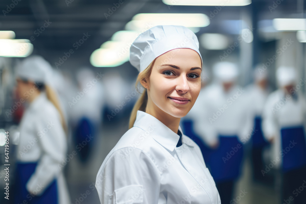 Woman Guard On Defocused Background Food Processing Plants . Сoncept