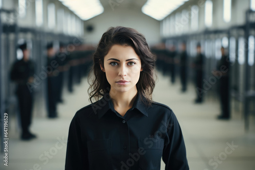 Woman Guard On Defocused Background Prisons . Сoncept Women In Corrections, Prison Security, Diversity In Law Enforcement, Women Empowerment