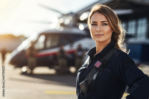 Woman Guard On Defocused Background Helipads . Сoncept Women In Security Careers, Helipad Safety, The Impact Of Defocusing Photographs, Importance Of Backgrounds In Visuals