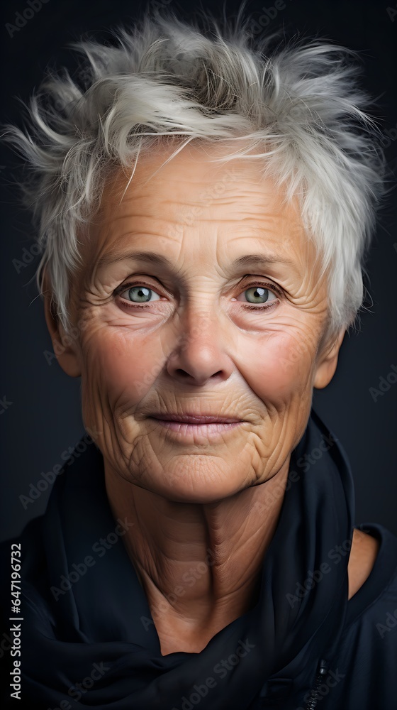 Close-Up Portrait of Woman with Striking Blue Eyes, Captivating Gaze, 70 years old, Generative AI Close-Up Portrait of Woman with Striking Blue Eyes, Captivating Gaze, 70 years old, Generative AI