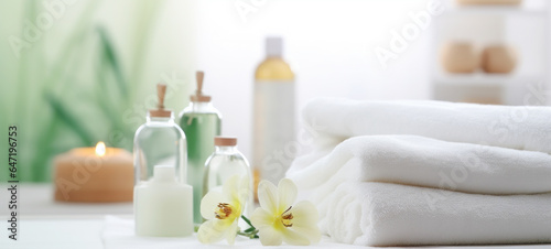 Spa setting  towels with herbal bags  beauty treatment items set in the spa  and health care items  spa collection