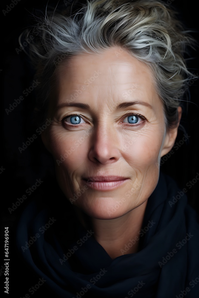 Close-Up Portrait of Woman with Striking Blue Eyes, Captivating Gaze, 48 years old, Generative AI Close-Up Portrait of Woman with Striking Blue Eyes, Captivating Gaze, 48 years old, Generative AI