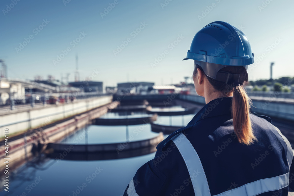 Woman Guard On Defocused Background Water Treatment Plants. Сoncept Women In Security Careers, Water Treatment Plant Maintenance, Background Blur Photography, Workplace Diversity Benefits Woman Guard On Defocused Background Water Treatment Plants. Сoncept Women In Security Careers, Water Treatment Plant Maintenance, Background Blur Photography, Workplace Diversity Benefits