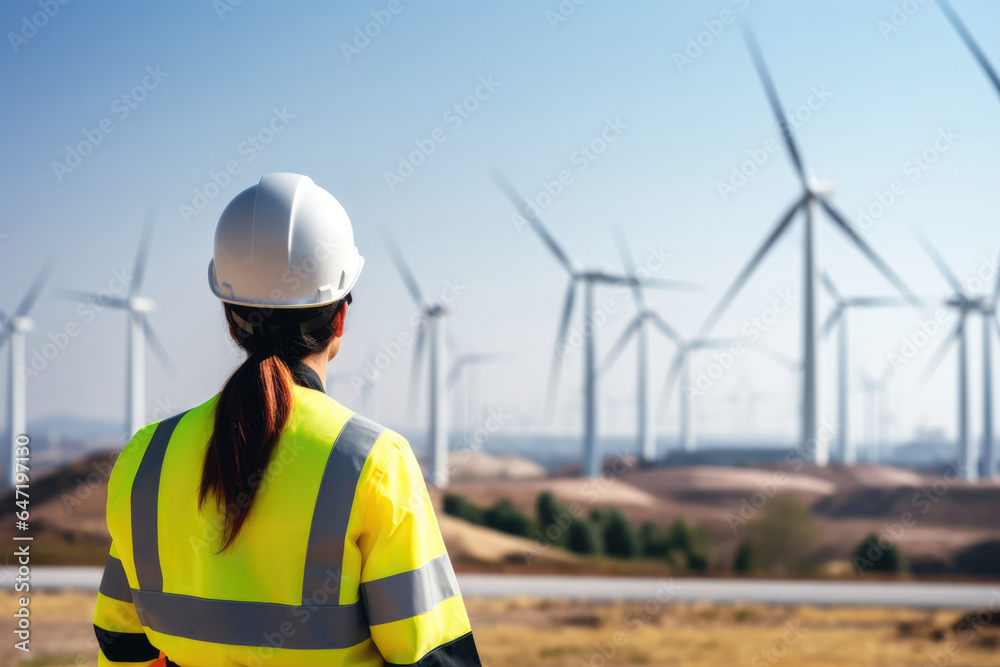 Woman Guard On Defocused Background Wind Farms . Сoncept Women In Guard Careers, Defocus Blur Photography, Benefits Of Wind Farms, Renewable Energy Sources Woman Guard On Defocused Background Wind Farms . Сoncept Women In Guard Careers, Defocus Blur Photography, Benefits Of Wind Farms, Renewable Energy Sources