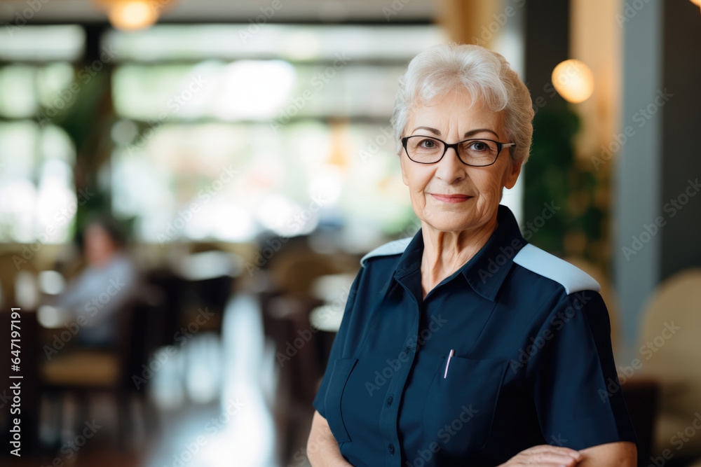 Woman Guard On Defocused Background Retirement Homes. Сoncept Retirement Homes, Women As Security Guards, Employee Benefits, Working Conditions Woman Guard On Defocused Background Retirement Homes. Сoncept Retirement Homes, Women As Security Guards, Employee Benefits, Working Conditions