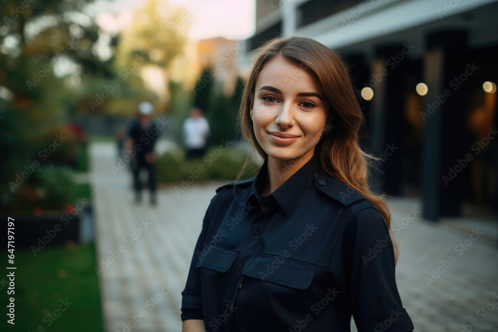 Woman Guard On Defocused Background Residential Complexes . Сoncept Women In The Security Industry, Residential Complexes Security, Defocused Background Photography, Female Empowerment
