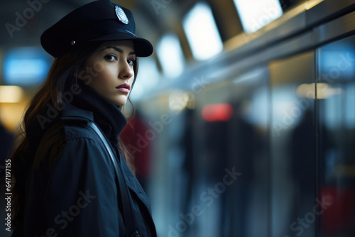 Woman Guard On Defocused Background Public Transportation Stations . Сoncept Public Transportation Security For Women, Women In Guard Positions, Defocused Backgrounds In Photography photo