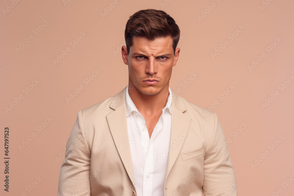 Anger European Man In Beige Blazer On Pastel Background Anger European Man In Beige Blazer On Pastel Background