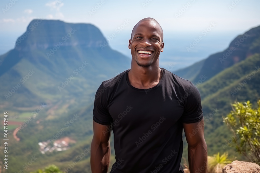 Happiness African Man In Black Polo Shirt On Mountain Scenery Background