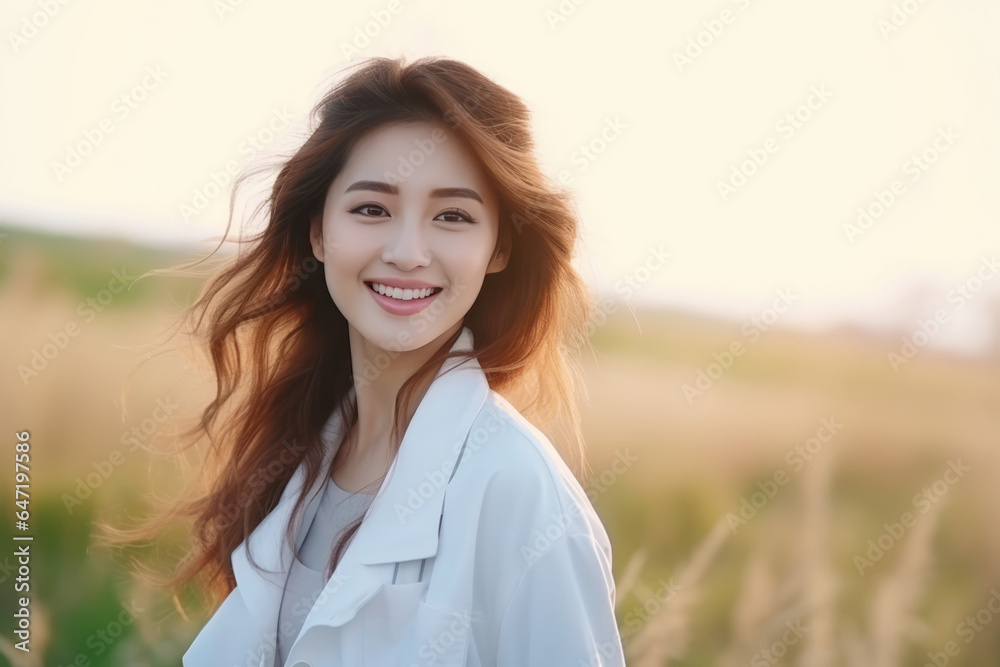 Happiness Asian Girl In White Coat On Nature Landscape Background Happiness Asian Girl In White Coat On Nature Landscape Background