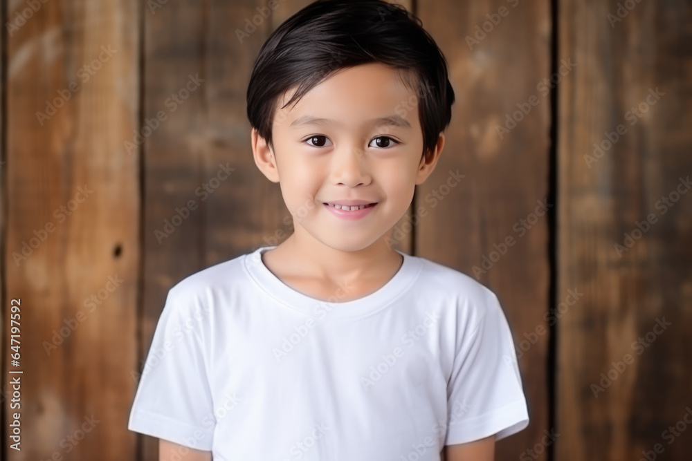 Happiness Asian Boy In White Tshirt On Wooden Plank Background Happiness Asian Boy In White Tshirt On Wooden Plank Background