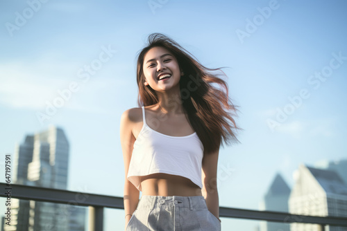 Happiness Asian Woman In Beige Shorts On City Background