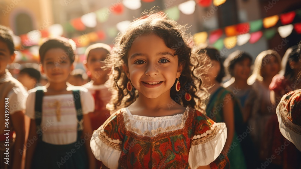 Portrait of children Mexican in Independence Celebration Day, Revolucion mexicana. - obrazy, fototapety, plakaty 