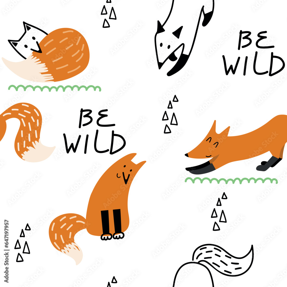 Fototapeta premium Vector seamless pattern with foxes. Cute cartoon characters.