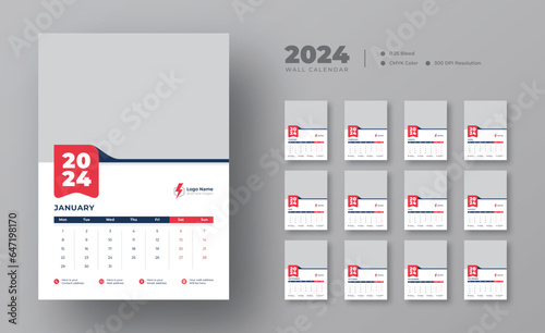 2024 wall calendar template, week starts Monday, set of 12 months, 12 pages
