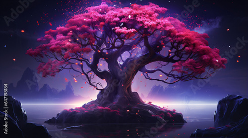 Fantasy night landscape big blossoming sakura tree 