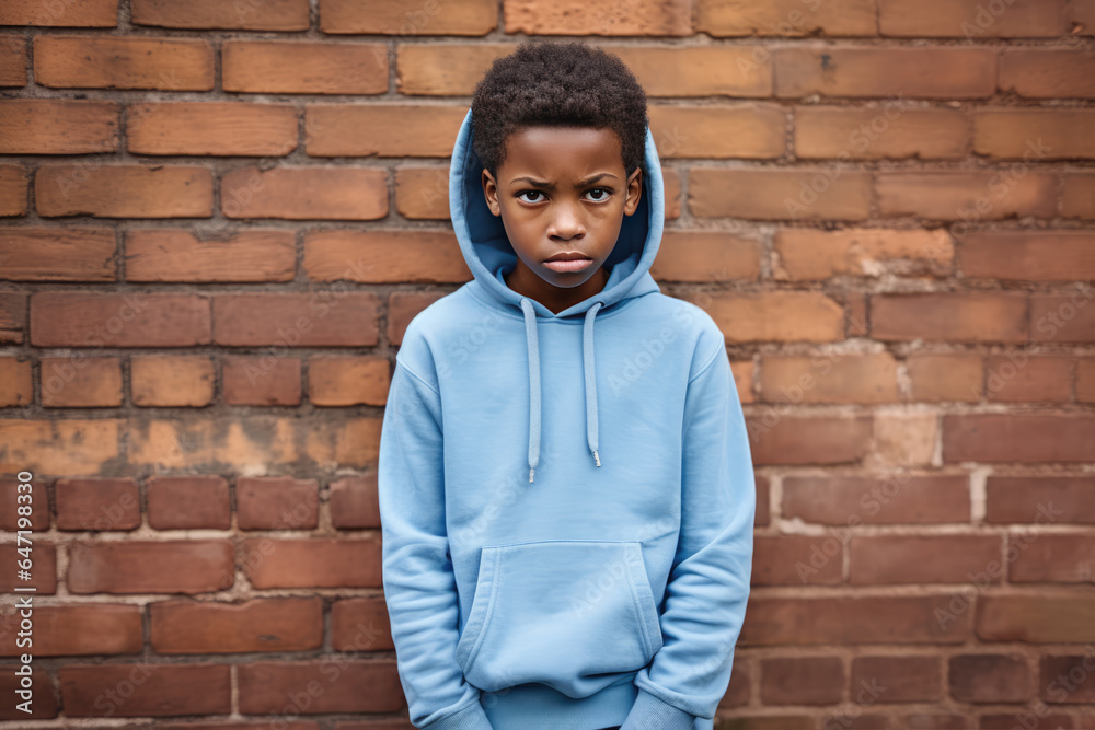 Obraz premium Sadness African Boy In Blue Sweatshirt On Brick Wall Background