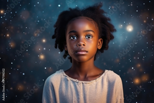 Sadness African Girl In White Cardigan On Galaxy Stars Background