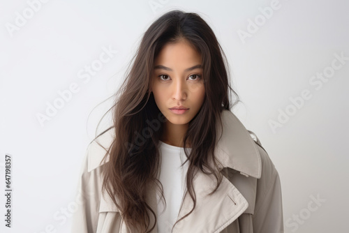 Sadness Asian Girl In Beige Coat On White Background photo