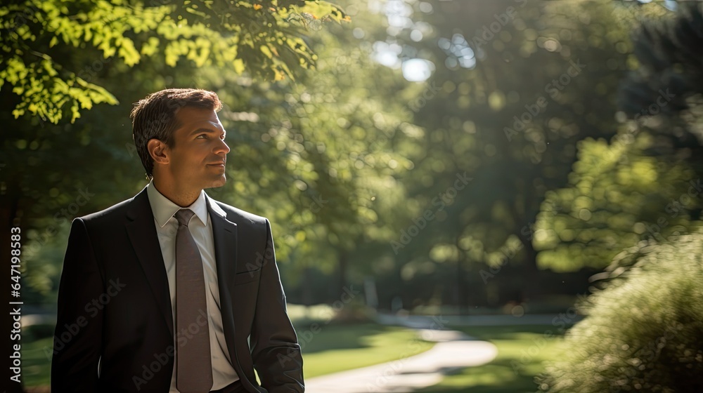 Businessman in a tranquil park, juxtaposing nature with corporate confidence Businessman in a tranquil park, juxtaposing nature with corporate confidence