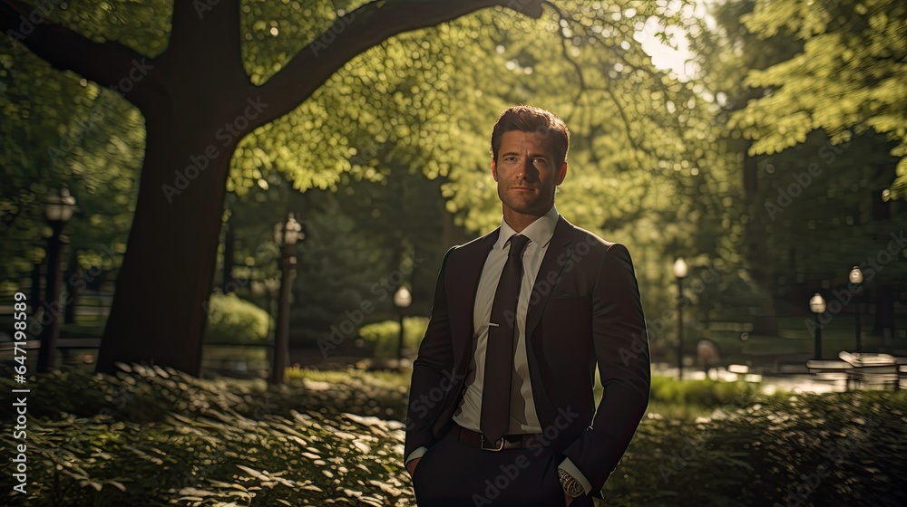 Businessman in a tranquil park, juxtaposing nature with corporate confidence Businessman in a tranquil park, juxtaposing nature with corporate confidence