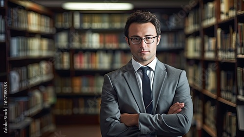 Businessman in a library setting, showcasing intellect and dedication