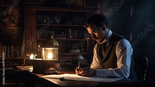 Businessman in a vintage study room, emphasizing wisdom and experience