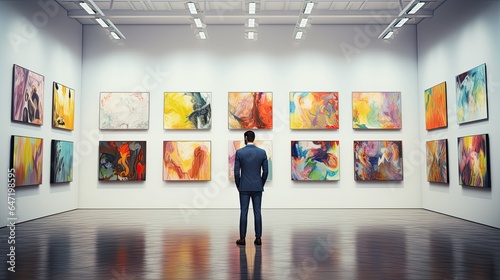 Businessman in an art gallery, surrounded by modern art, emphasizing creativity in business