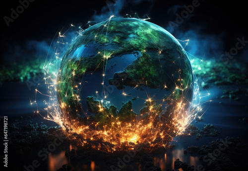 Planet Earth. Map of the planet and world map.Worldwide network connection, digital telecommunication, big data, digital transformation, cloud computing, IoT, cryptocurrency, blockchain. Future.