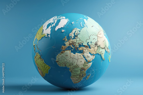 Globe on a blue background. Earth map 3D. Concept of protecting and saving the earth and environment. Ecosystem