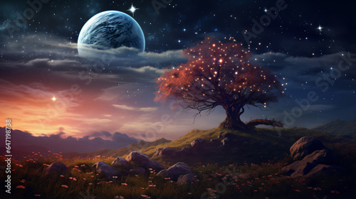Fantasy scene of a landscape with stars and moon lying