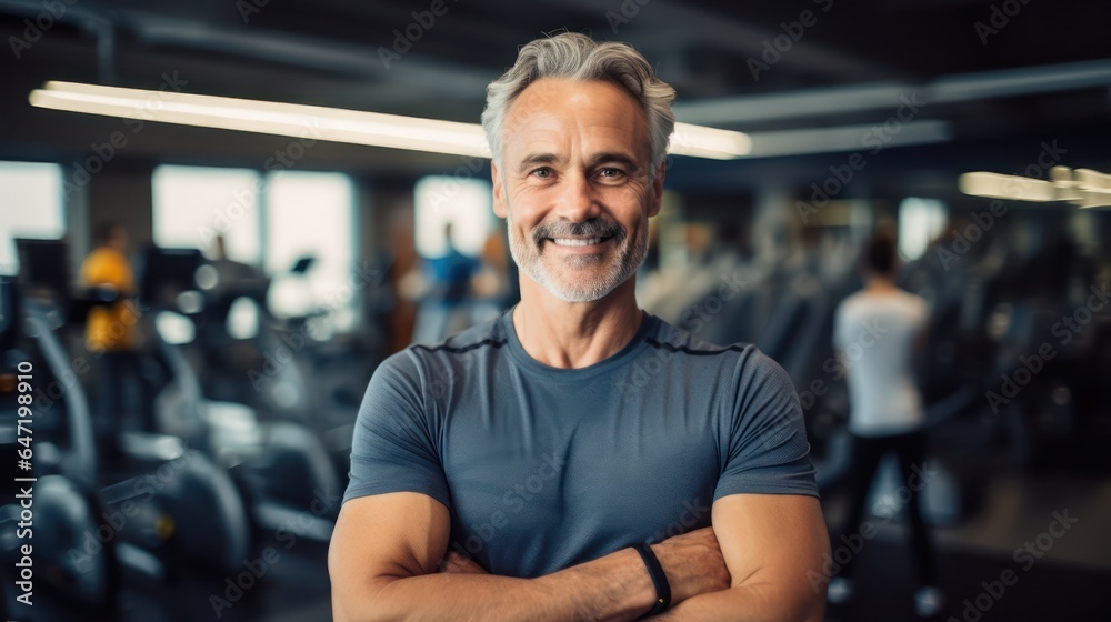 Motivation, fitness and portrait of asenior man in gym wellness and cardio workout. Smile, healthy body and face of senior male after training, exercise and sports goals - obrazy, fototapety, plakaty 