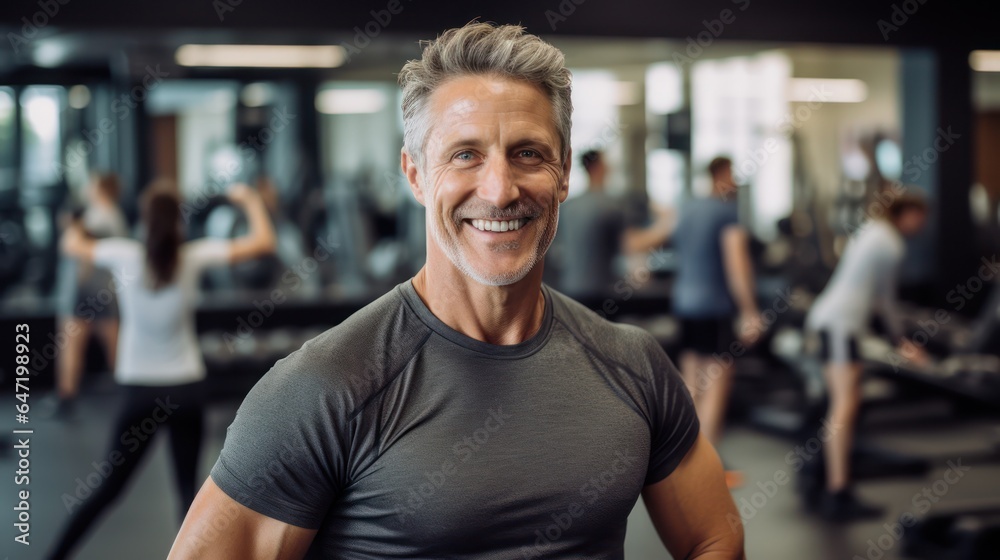 Motivation, fitness and portrait of asenior man in gym wellness and cardio workout. Smile, healthy body and face of senior male after training, exercise and sports goals Motivation, fitness and portrait of asenior man in gym wellness and cardio workout. Smile, healthy body and face of senior male after training, exercise and sports goals