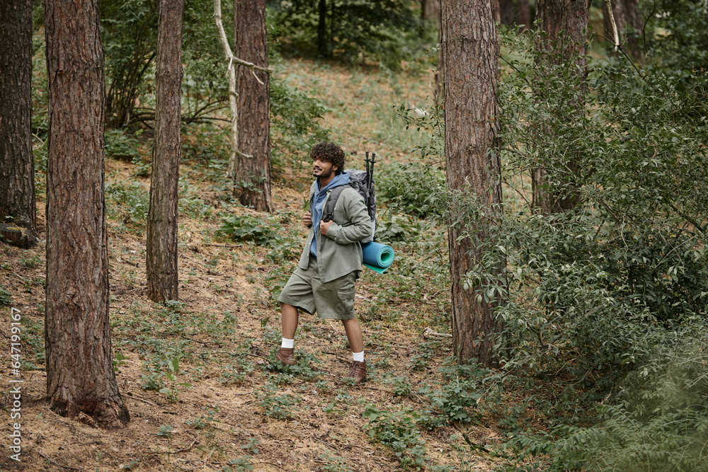Fototapeta premium young indian hiker in shirt and shorts holding backpack while walking in forest