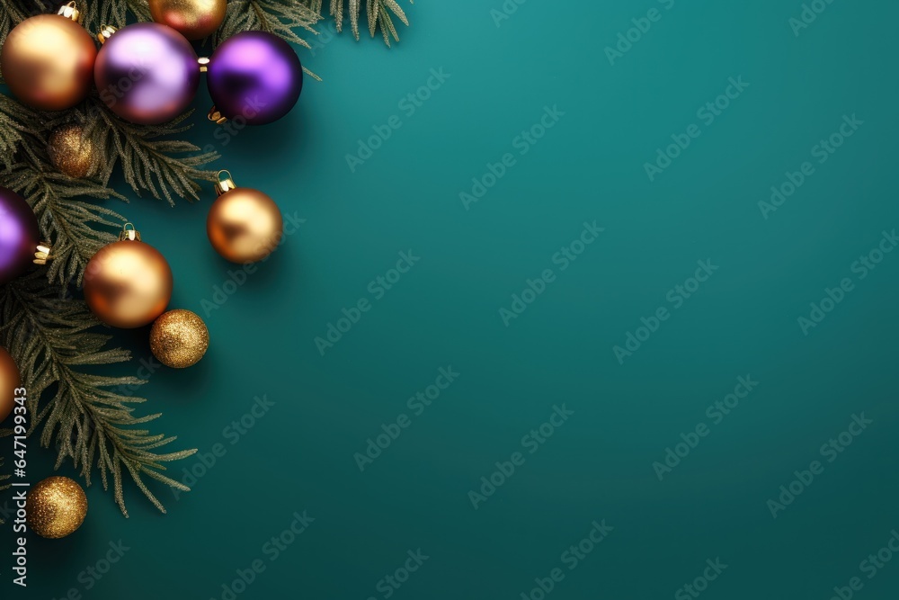 banner. New Year. a special Christmas installation of Christmas tree branches and colorful balls. space for text. azure background