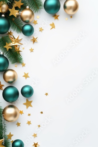New Year. a special Christmas installation of Christmas tree branches, stars and golden balls. space for text. background