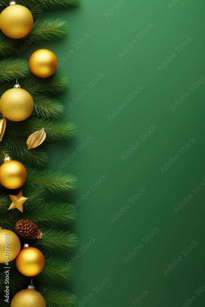 New Year. a special Christmas installation of Christmas tree branches and golden balls. space for text. green background