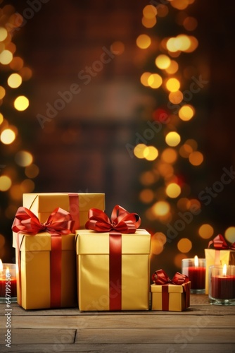 special banner. Boxing Day. Christmas gifts in a beautiful package with ribbons. with reflection. on the background of shiny confetti