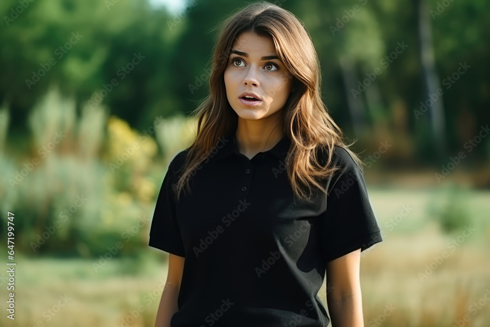Surprise European Girl In Black Polo Shirt On Nature Landscape Background Surprise European Girl In Black Polo Shirt On Nature Landscape Background