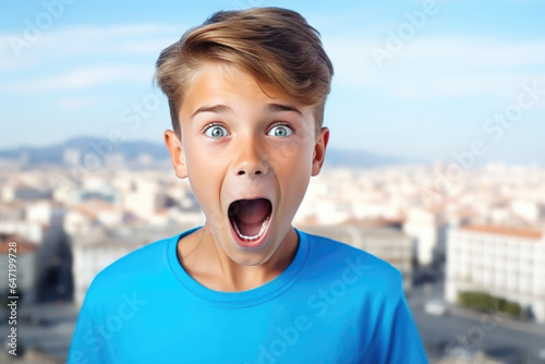 Surprise European Boy In Blue Tshirt On City Background
