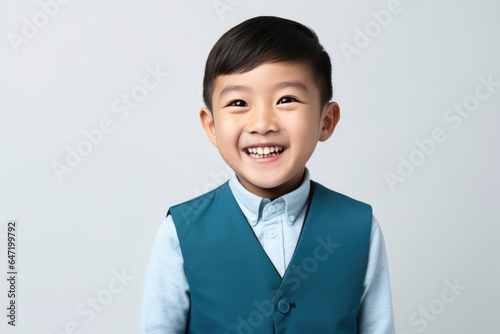 Surprise Asian Boy In Blue Cardigan On White Background photo