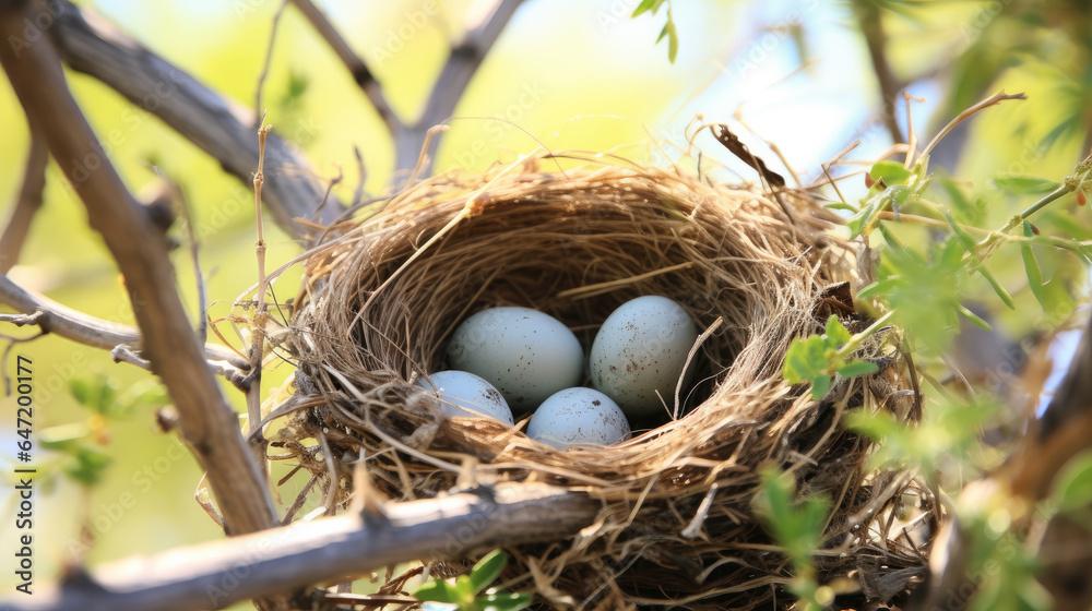 A nest filled with Cardinal bird eggs in the branches of a Chinese Elm tree.