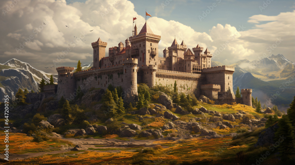 Fantasy style medieval castle digital illustration3D