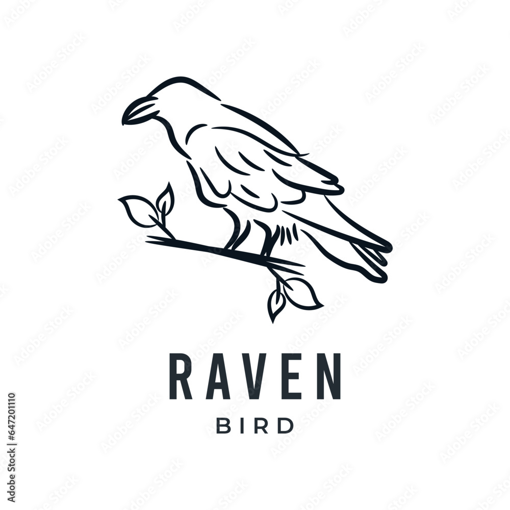Obraz premium Raven bird or eagle line art hand drawn logo icon vector illustration
