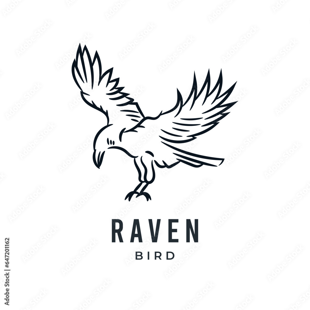Raven bird or eagle line art hand drawn logo icon vector illustration