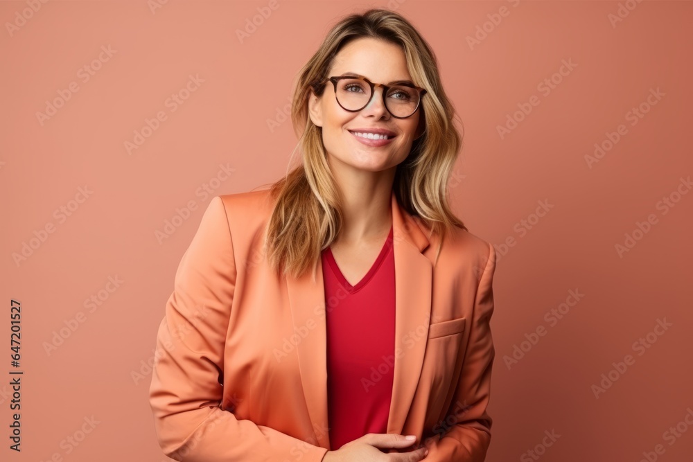 Portrait of a smiling businesswoman in eyeglasses over pink background - obrazy, fototapety, plakaty 